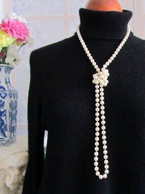 LONG PEARL NECKLACE, FLAPPER ROARING 20s COSTUME ACCESSORY, 24" LONG OFF-WHITE